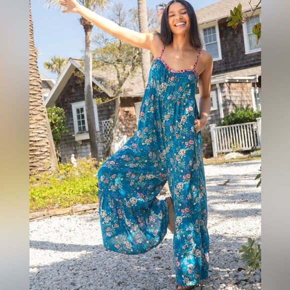Natural Life NEW Stephanie Jumpsuit Turquoise Roses Floral Wide Leg Boho Size M - Picture 2 of 7